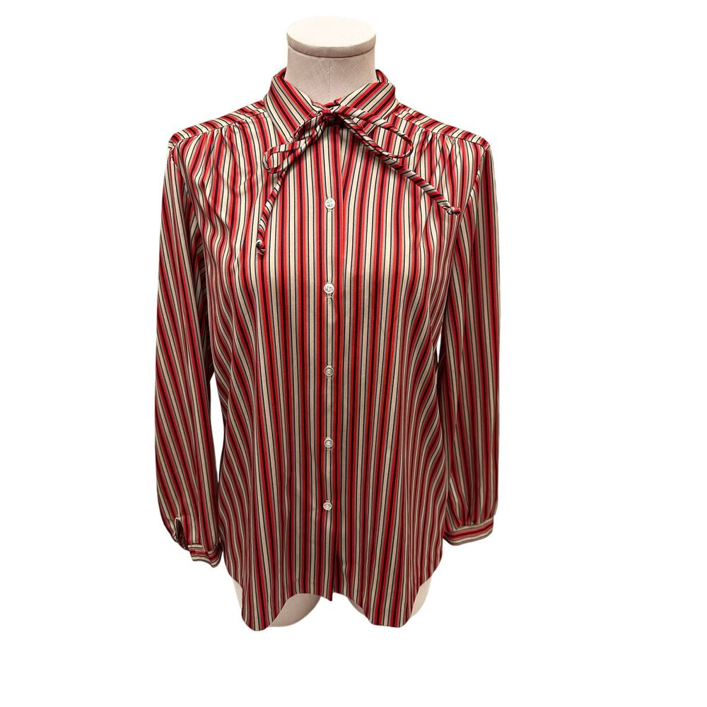 Vintage Striped Button-Down Blouse in Red, White & Green